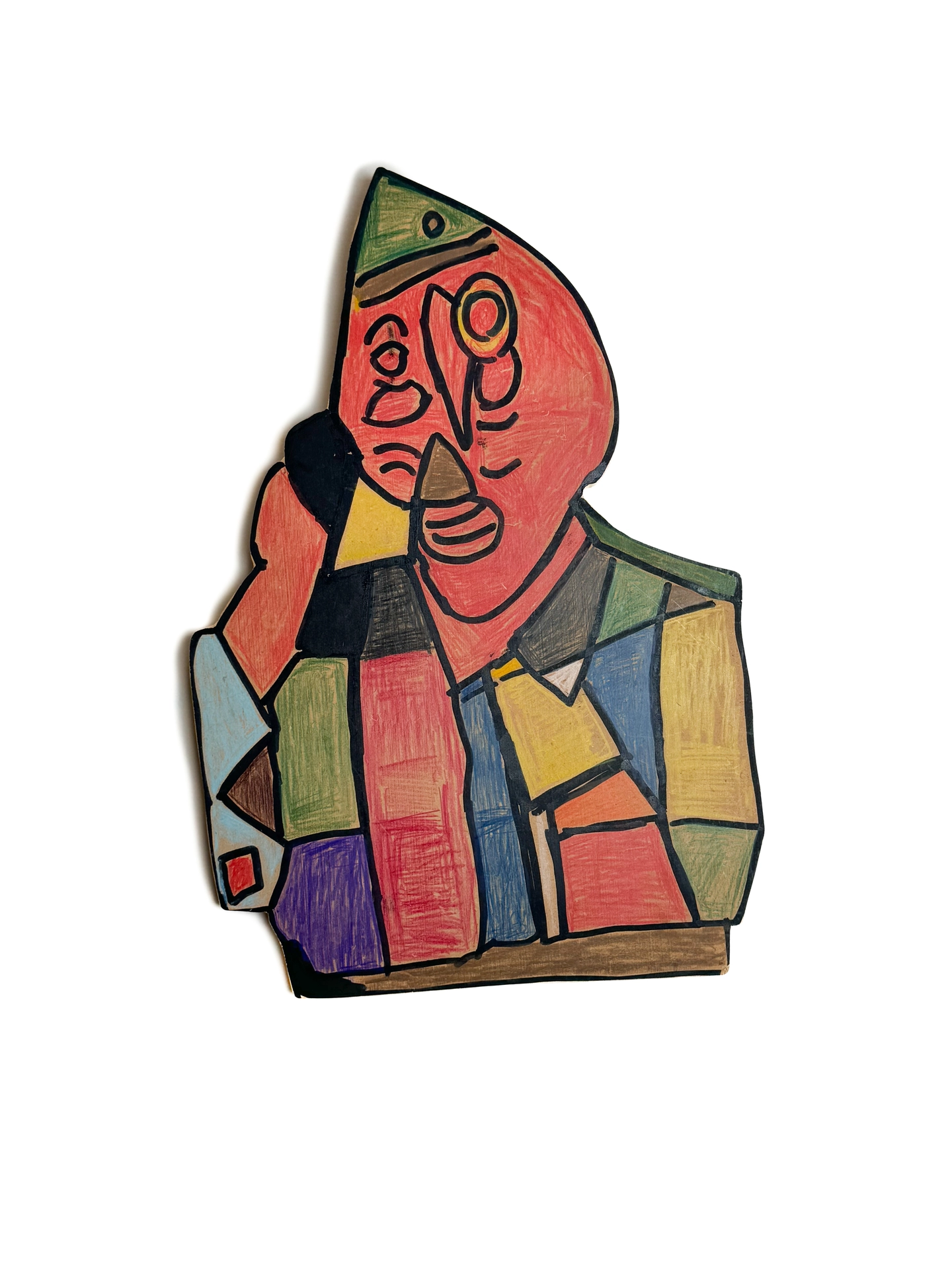 A photograph of a wood form with an abstract image featuring a geometric mosaic of vibrant colors depicting a person's head and shoulders.