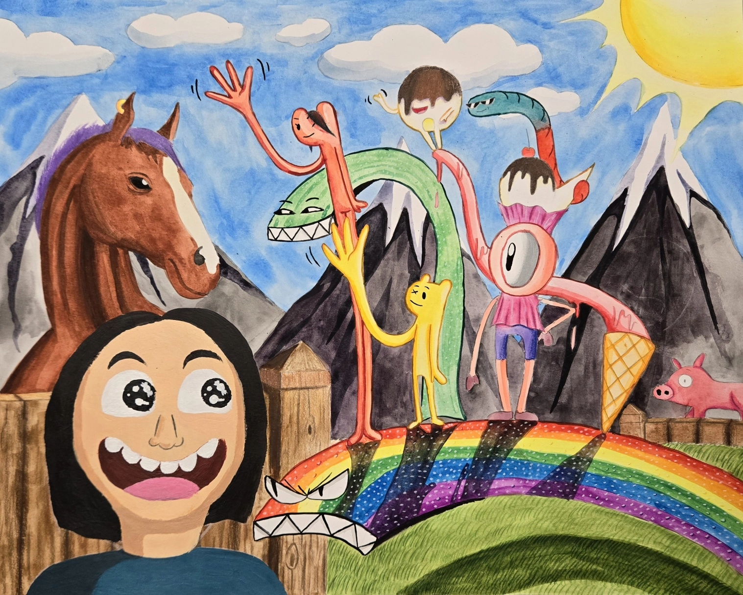 Snowcapped mountains under a blue sky with puffy clouds and a bright sun. The scene includes candy characters on a rainbow, a pink pig, and a stallion. A self-portrait with bright eyes and a smile is featured in the foreground.