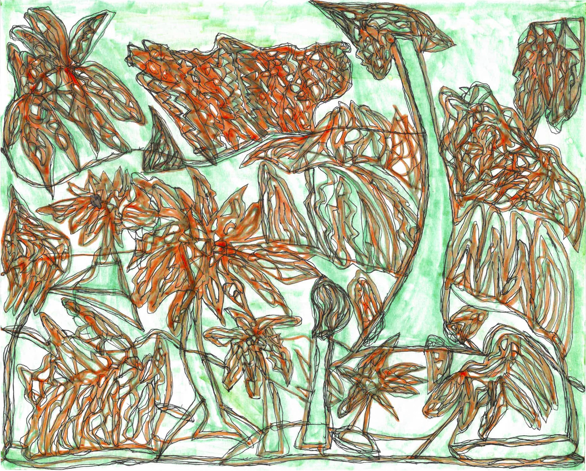 This piece was made with markers, using only two colors and a pen to create a 3D effect to capture the palm trees of Elysian Park and their intricate leaves.
