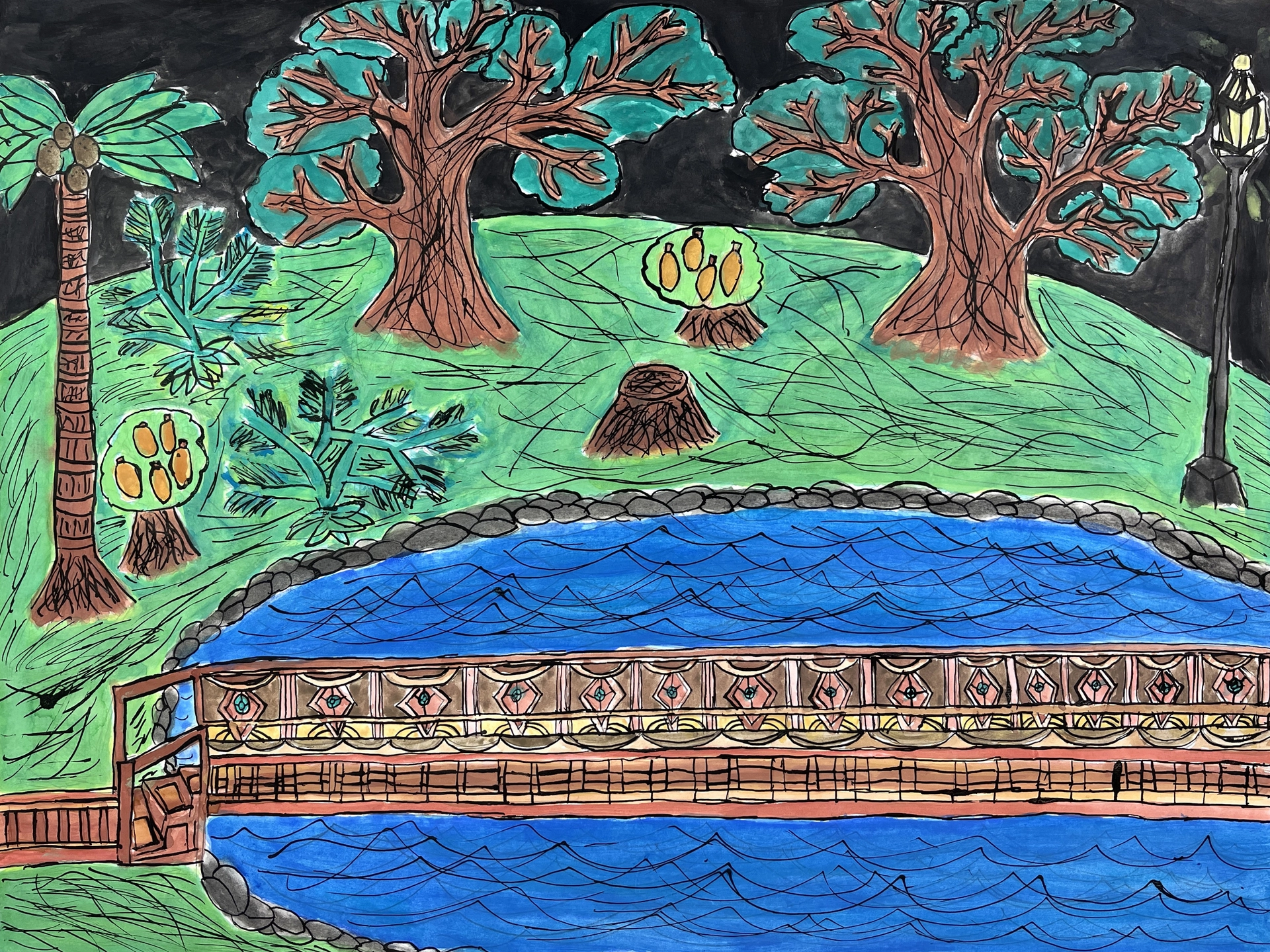 An ornate bridge crosses a stone-lined body of water surrounded by trees, greenery, and tropical fruit.