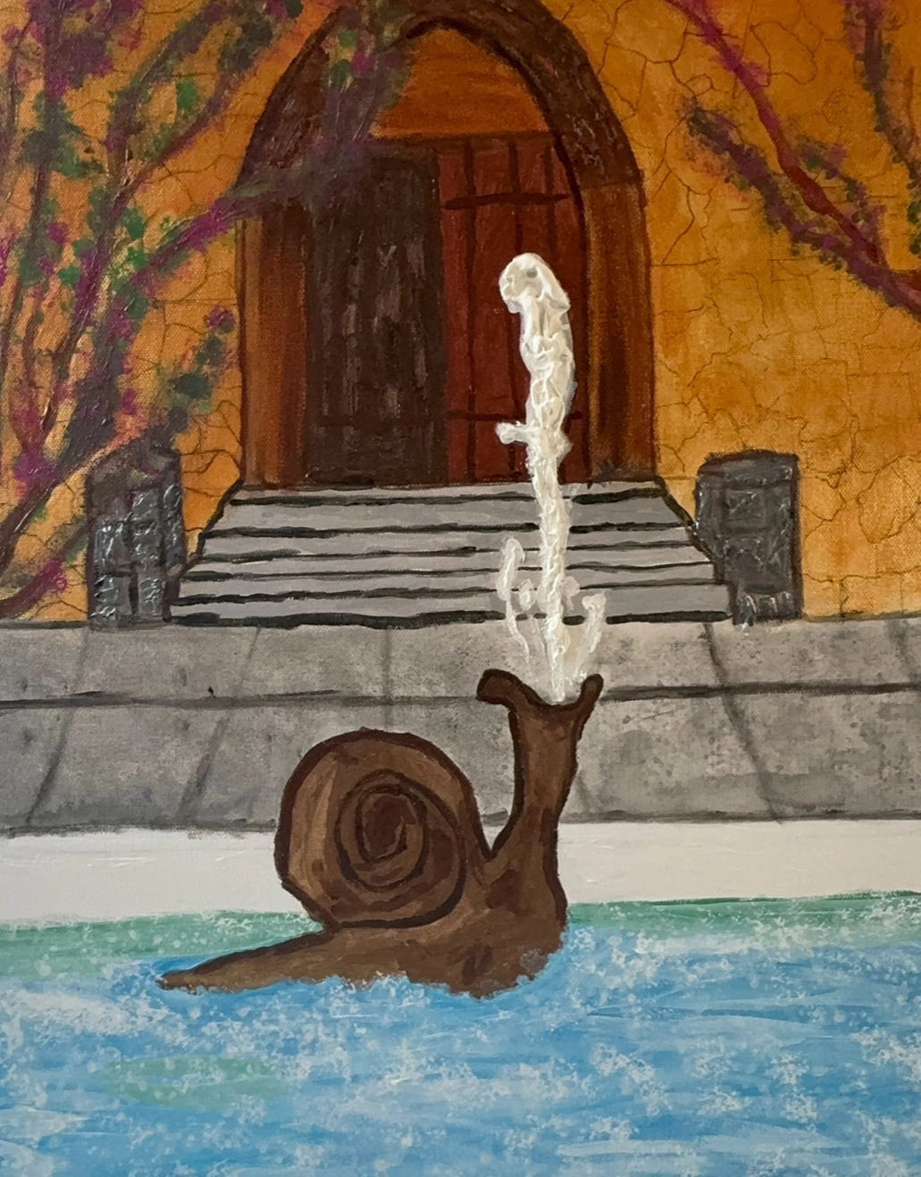 A snail like form spouts waters vertically in a fountain. The fountain is in front of a mission style doorway with yellow walls covered in climbing vines.