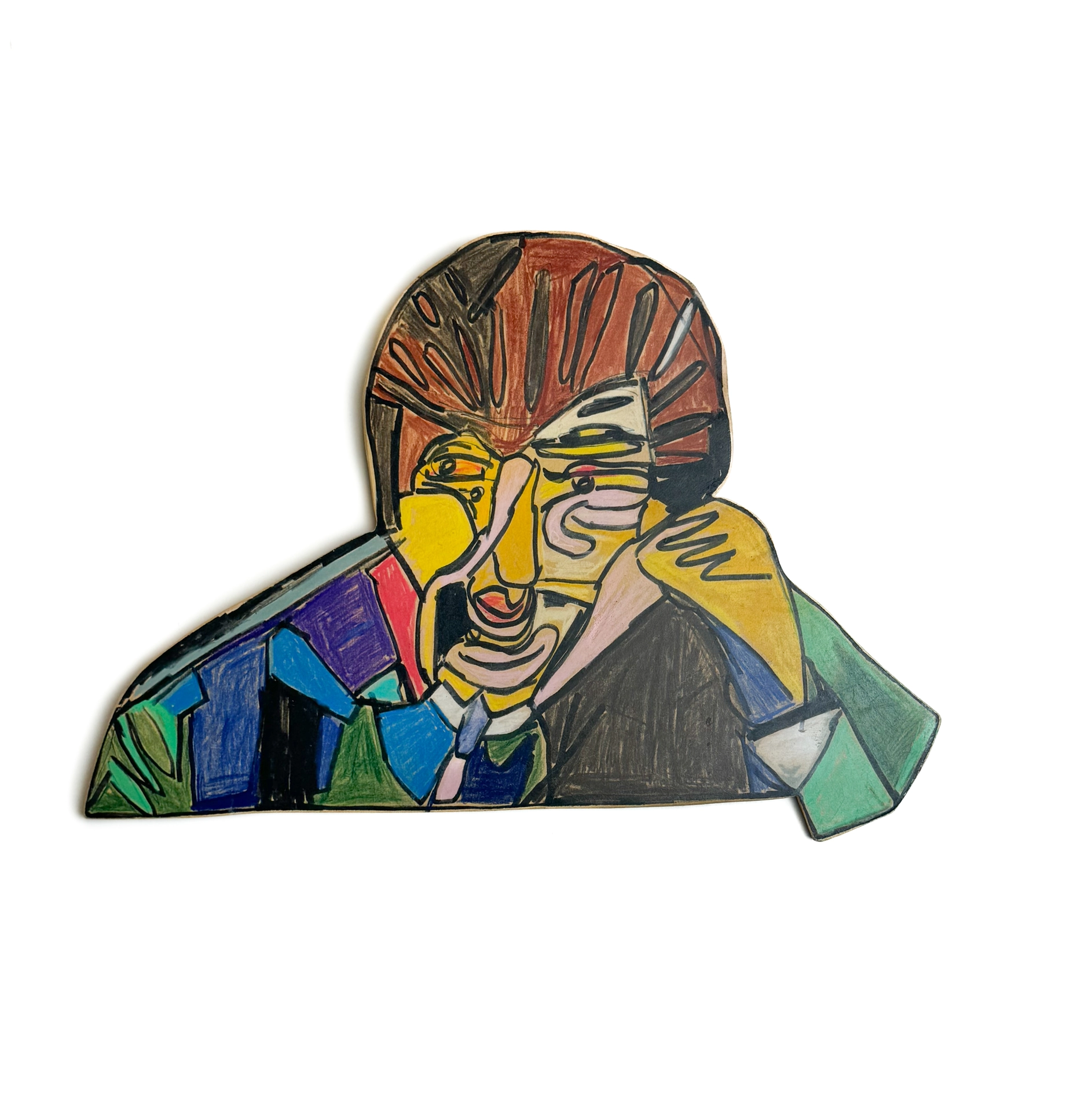 A photograph of a wood form with an abstract image featuring a geometric mosaic of vibrant colors that depicts the upper half of a person speaking on a black phone.