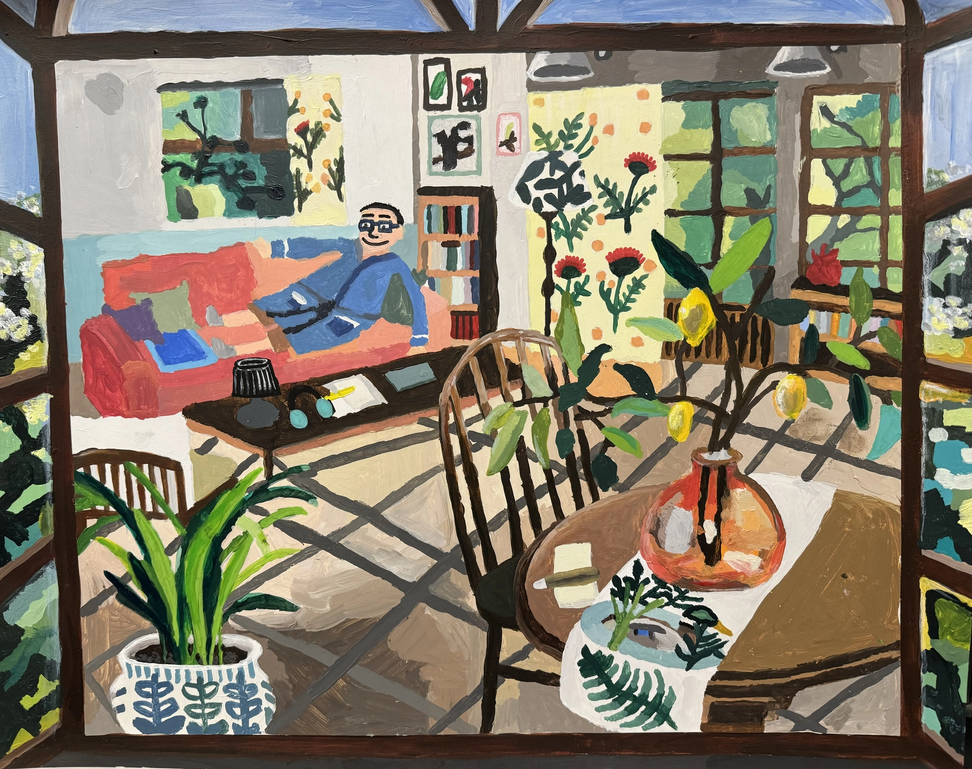 The work is a self-portrait of the artist relaxing on the couch doing nothing. He lies back in a sunlit living room surrounded by shelves, furniture, and many plants