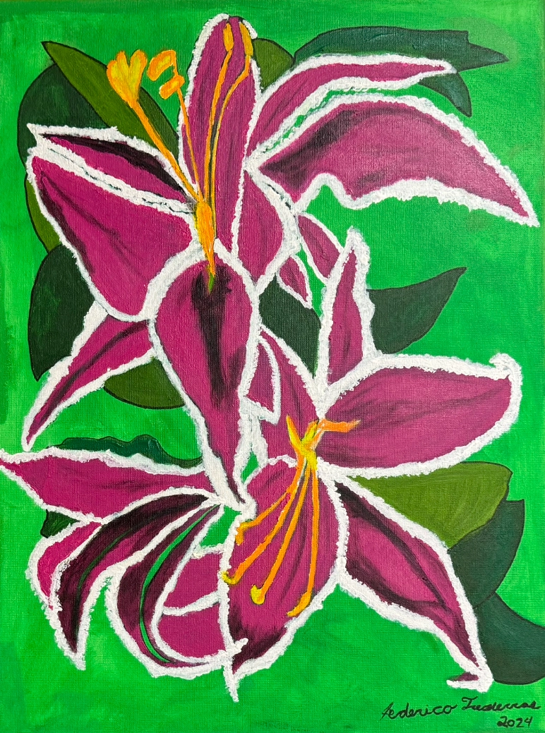 Two large bright purple lilies with dark green leaves dominate the electric green background.