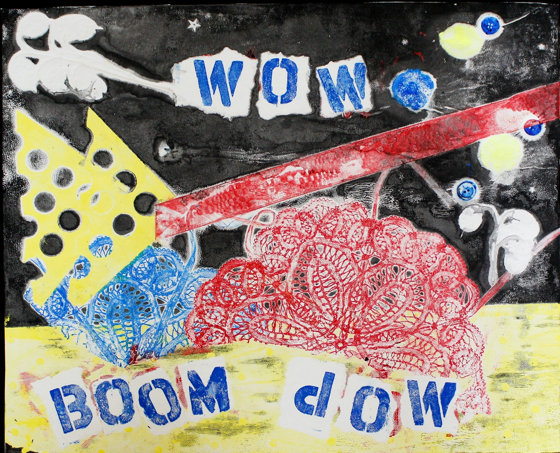 The top two-thirds of the background is black, with the bottom third yellow. Blue stenciled words are "WOW" (top), "BOOM" (bottom left), and "dOW" (bottom right). Blue and red lace textures, two yellow triangles with holes, a red diagonal ribbon, and imprints of blue buttons, white leaves, and a flower stem are featured.