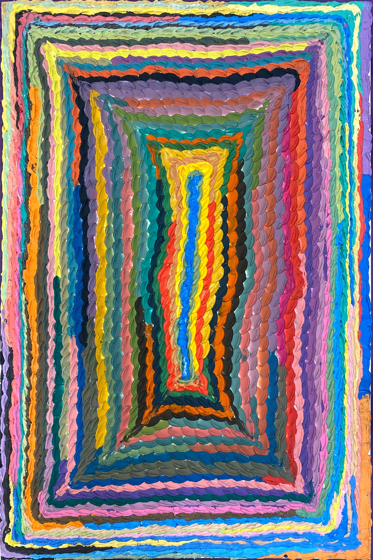 An abstract exploration of texture and color featuring thick,frosting-like acrylic paint layered to create visually engaging patterns and shapes. The artist explores the rich, textured layers of paint and medium to captures the viewer’s satisfaction and curiosity.
