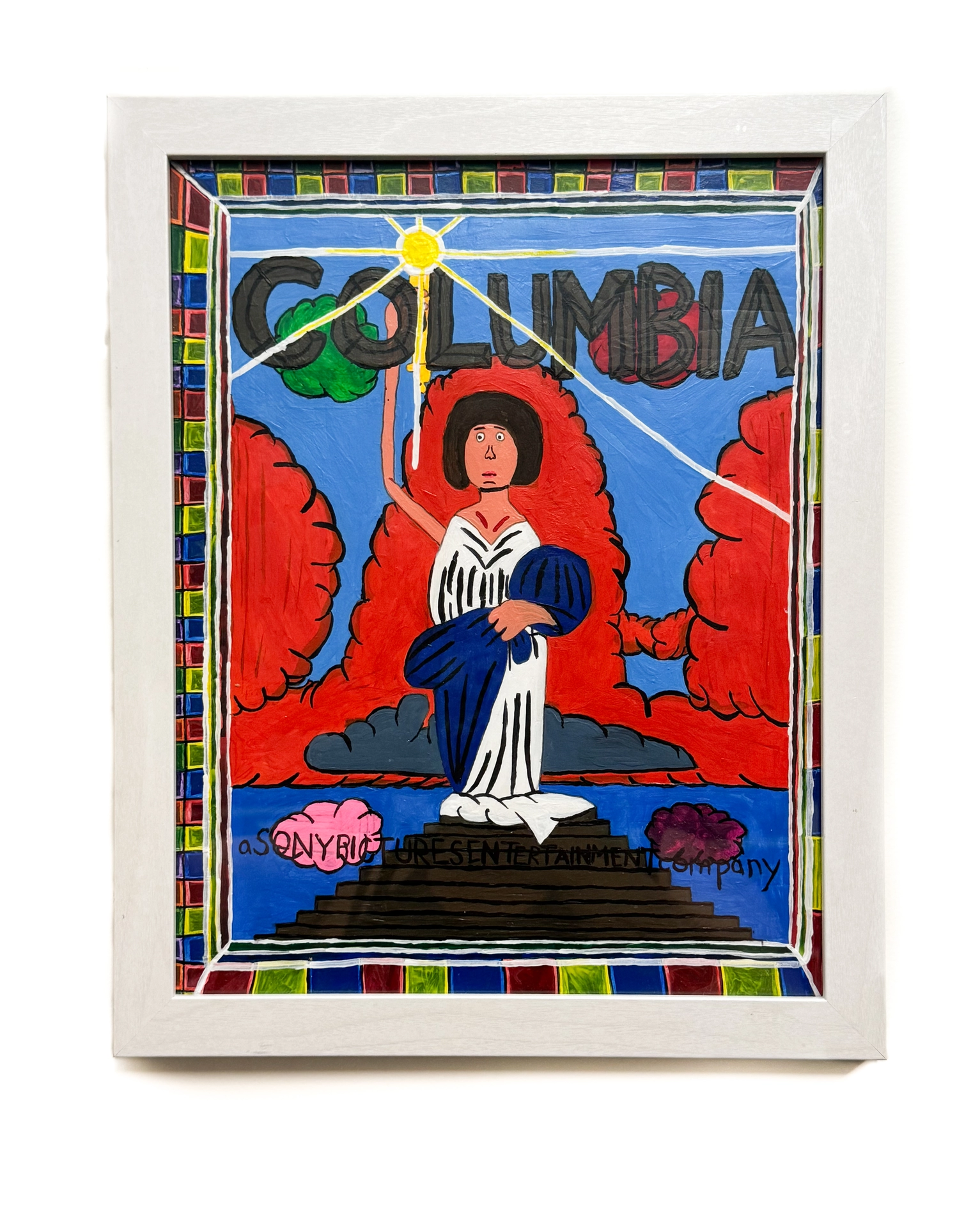 The image depicts a reimagined interpretation of the Columbia Pictures emblem of a woman in a classic white Greco-Roman gown holding a torch against a majestic blue sky and red, green, and purple clouds. The text reads Columbia, a Sony Pictures Entertainment Company.