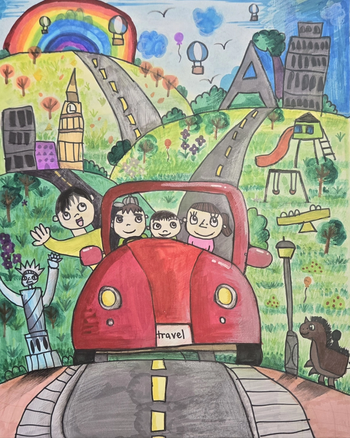 The artist and his family travel in a red car with a "travel" license plate. He waves from the window as they drive through a scenic landscape with grassy hills, new cities, and sunny weather.