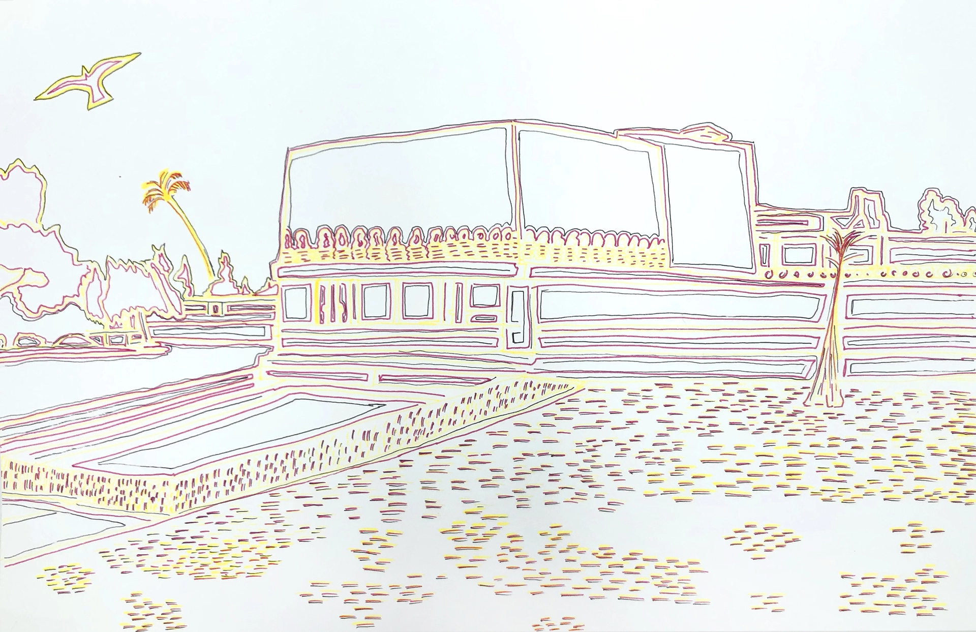 A depiction of the famous landmark Hollyhock House made using markers with a tracing technique that stands out.