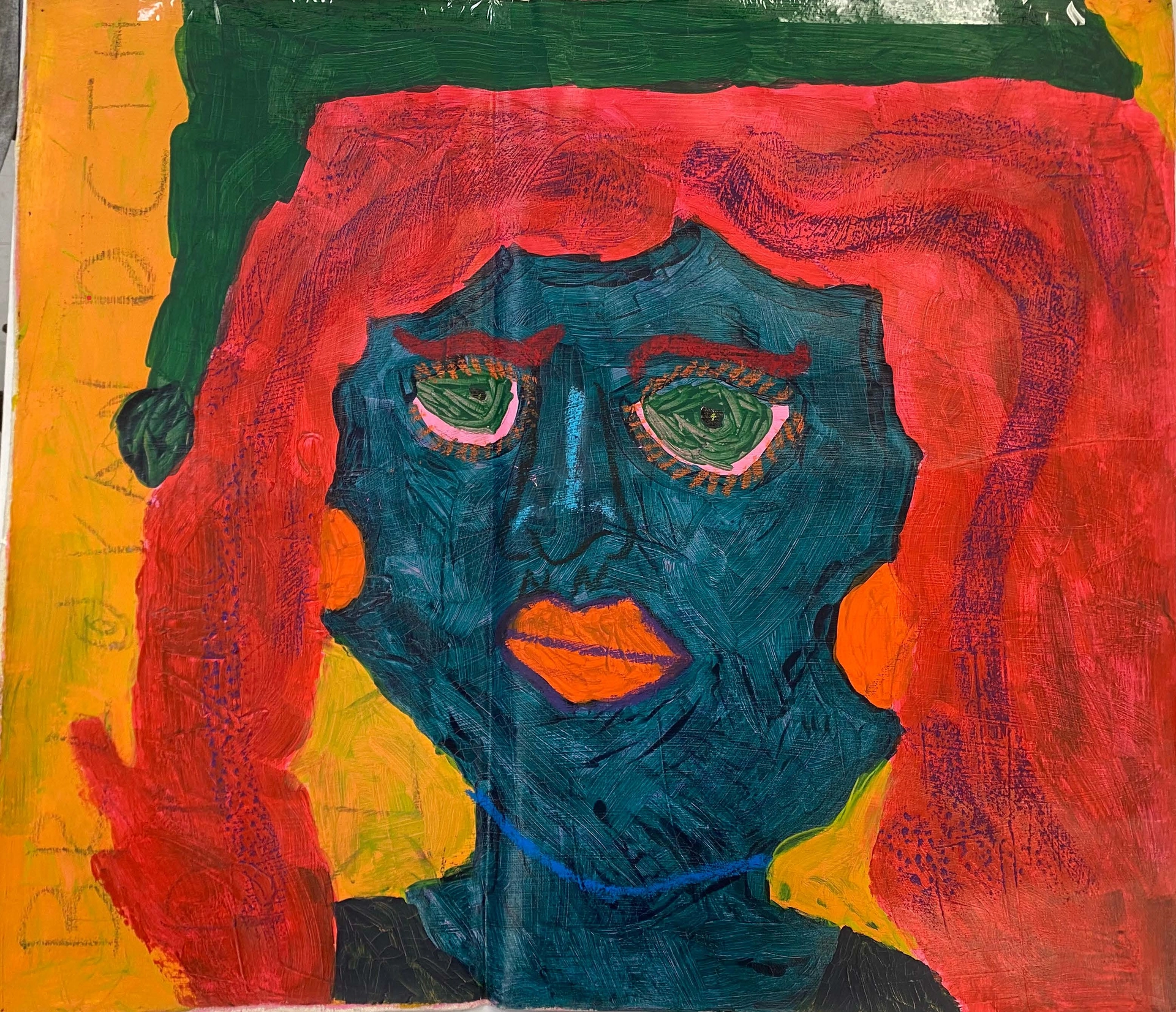 On a yellow background, an abstract painting depicts a blue-faced woman with green eyes, red hair, orange lips, and a green hairpiece.