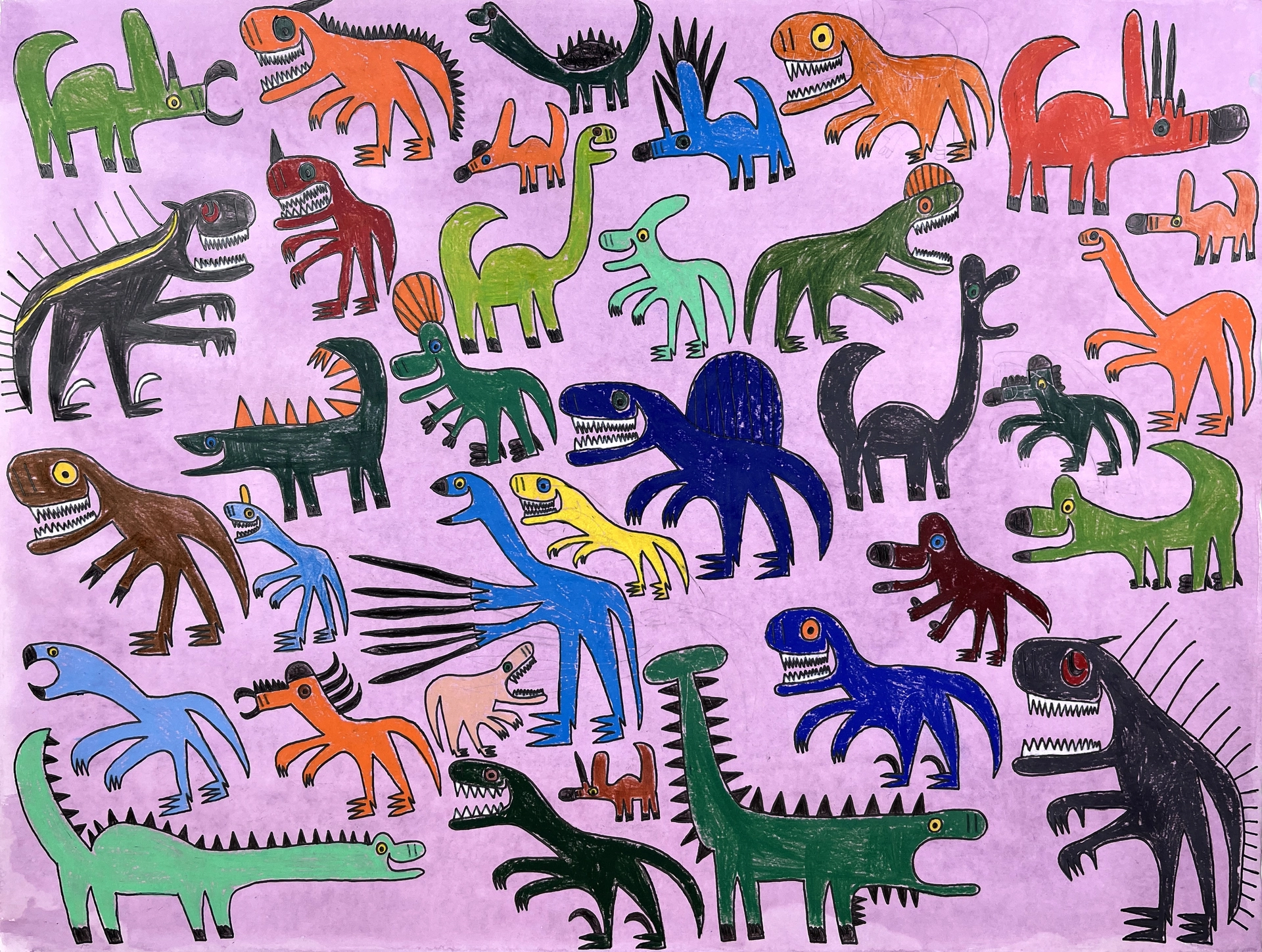 More than thirty colorful dinosaurs crowd together on a pink field, each facing one way or the other, many with open mouths and wide-open eyes.
