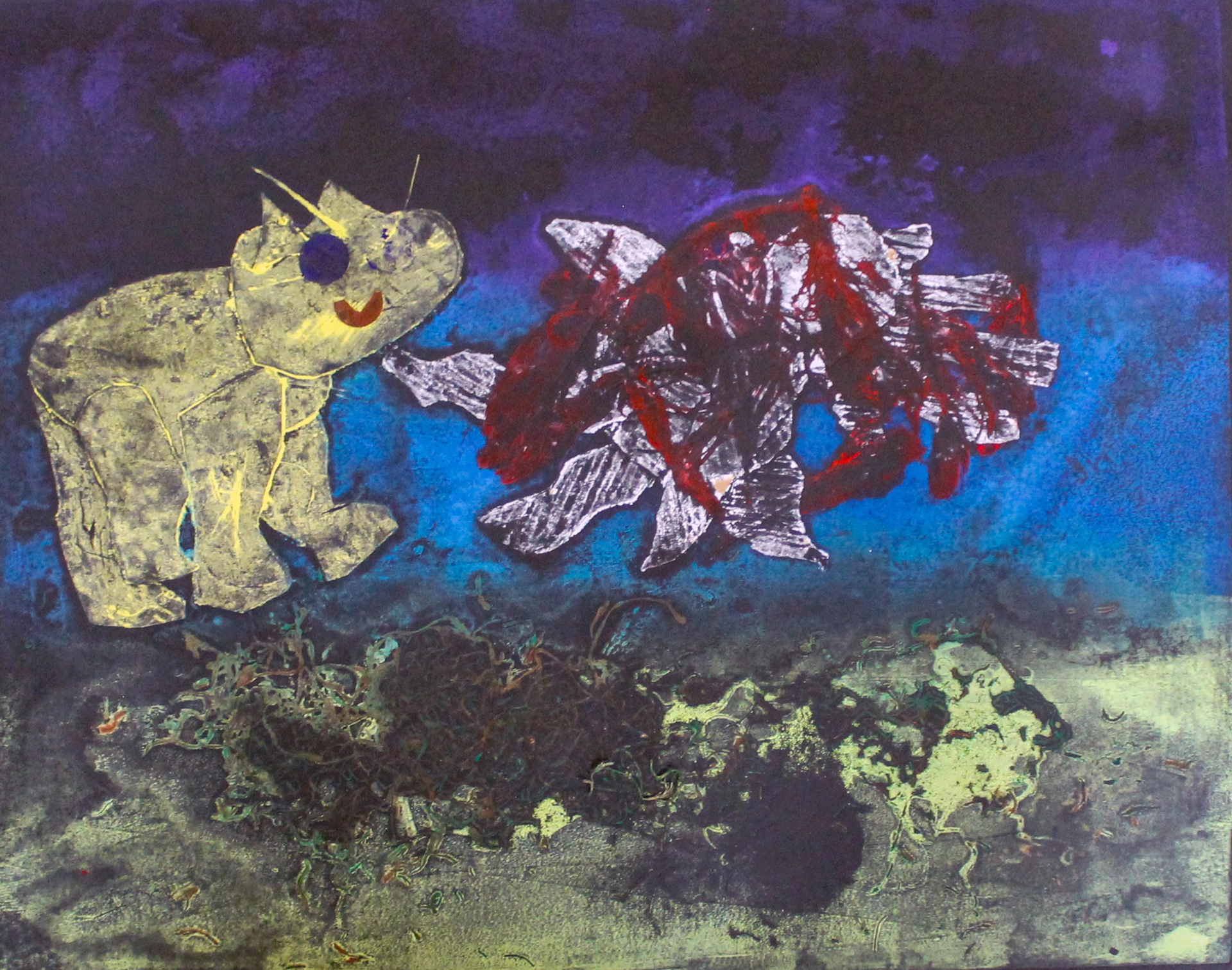 Two creatures float above a sandy bottom against a dark purple-blue background. One is a four-legged yellow creature with a blue eye, red smile, and whiskers. The other is a pale, tentacled creature entangled in red.