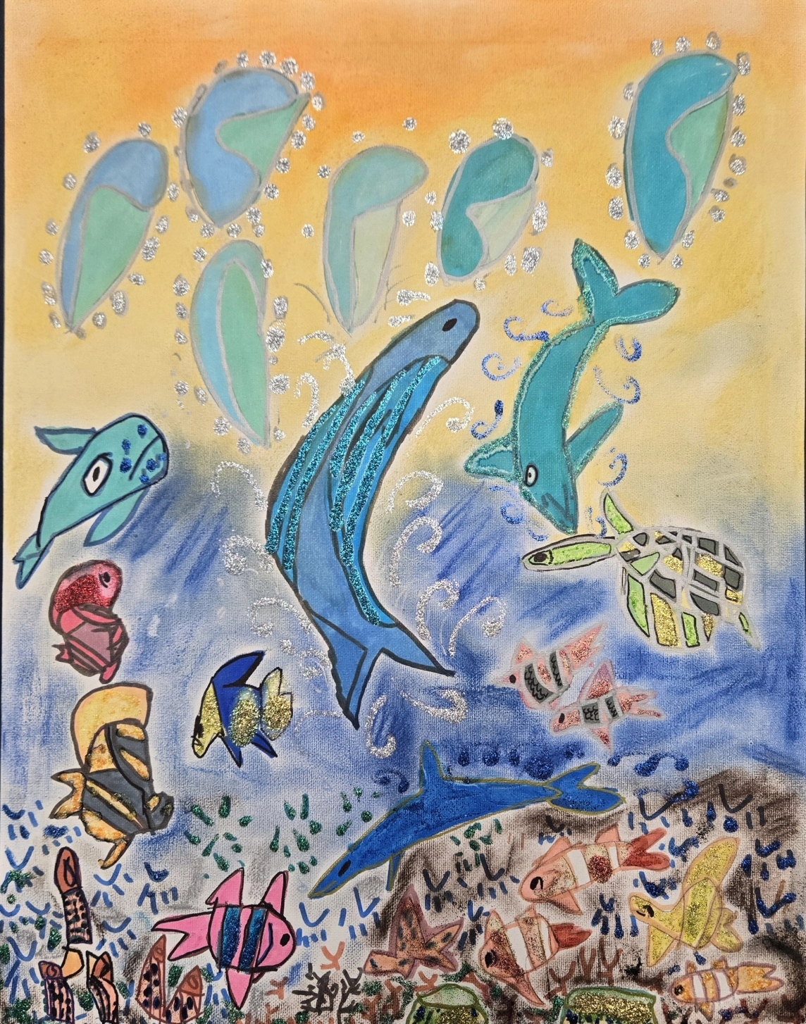 Colorful sea creatures swim underwater, with dolphins leaping into a golden sky.