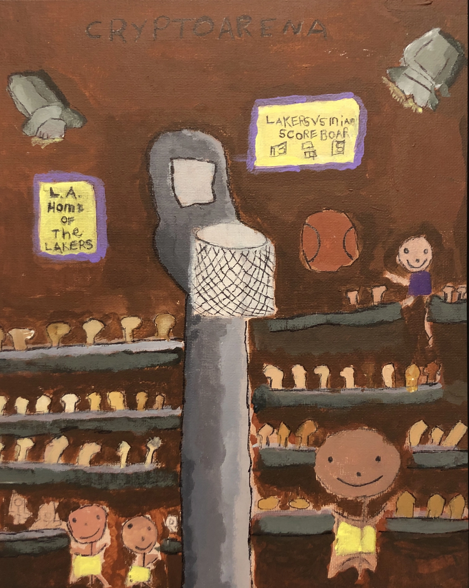 On a dark brown background, the Laker's home arena is filled with spectators watching a basketball game. The artist depicts himself, shooting the ball to the hoop.
