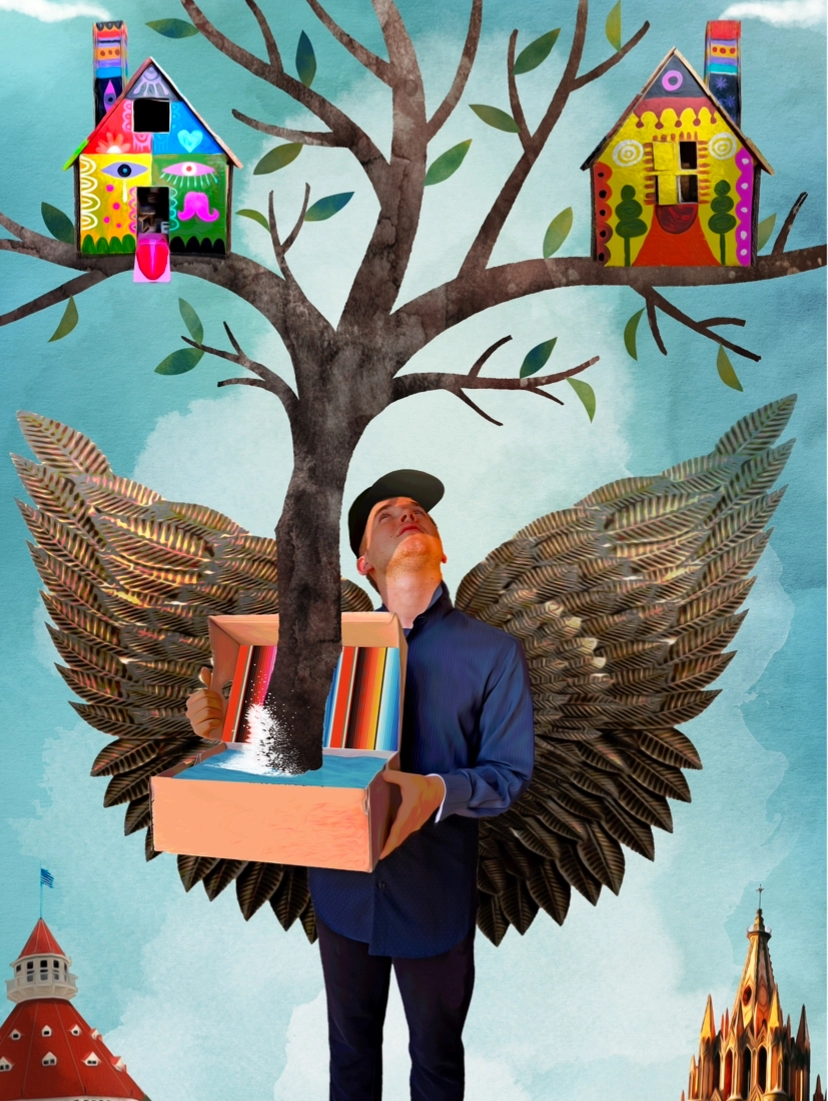 A cloud in the sky frames a man wearing a ball cap and a blue button-down shirt. He has brindled feather wings and is holding an open box of water. A tree is growing out of the box. He looks up at the branches holding two tiny, colorful houses with smoking chimneys. The bottom corners have a steeple: one is round and modern, and the other is gothic and peaked.