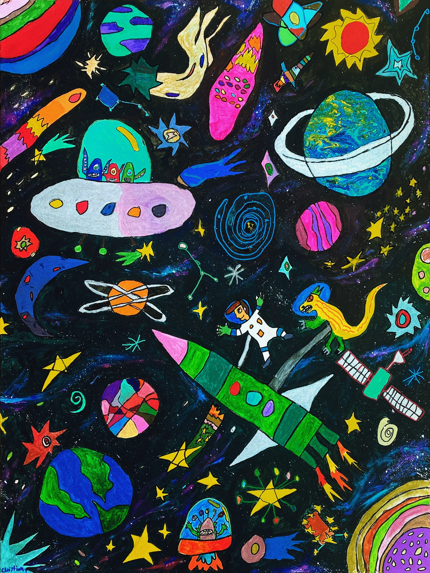 A cosmic landscape featuring colorful planets, shooting stars, and celestial phenomena that captures the awe of space with bold colors and imaginative scenes, bringing the universe's splendor to vibrant life.