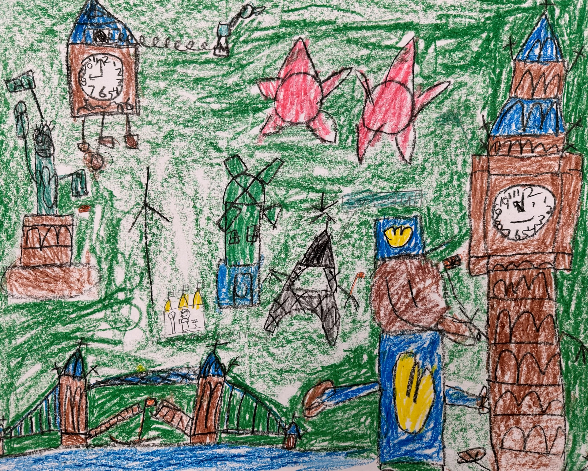 Landmarks the artist dreams of visiting with his mother, including the Statue of Liberty, the Eiffel Tower, and European sites like clock towers, bridges, and windmills, set against a green background.