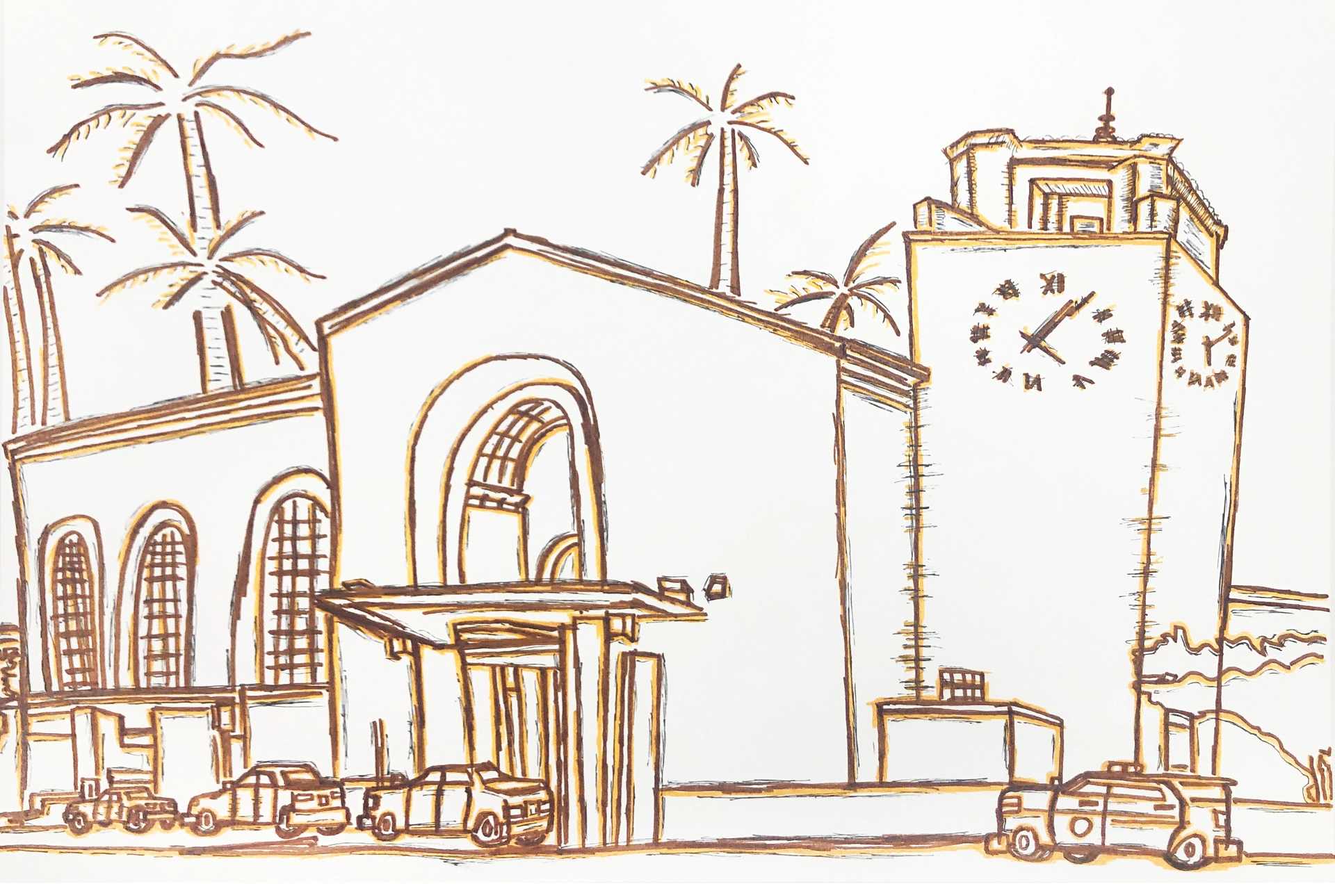 Using orange, brown, and black pens, the artist depicts Union Station, Los Angeles. A few cars are parked in front of the building.