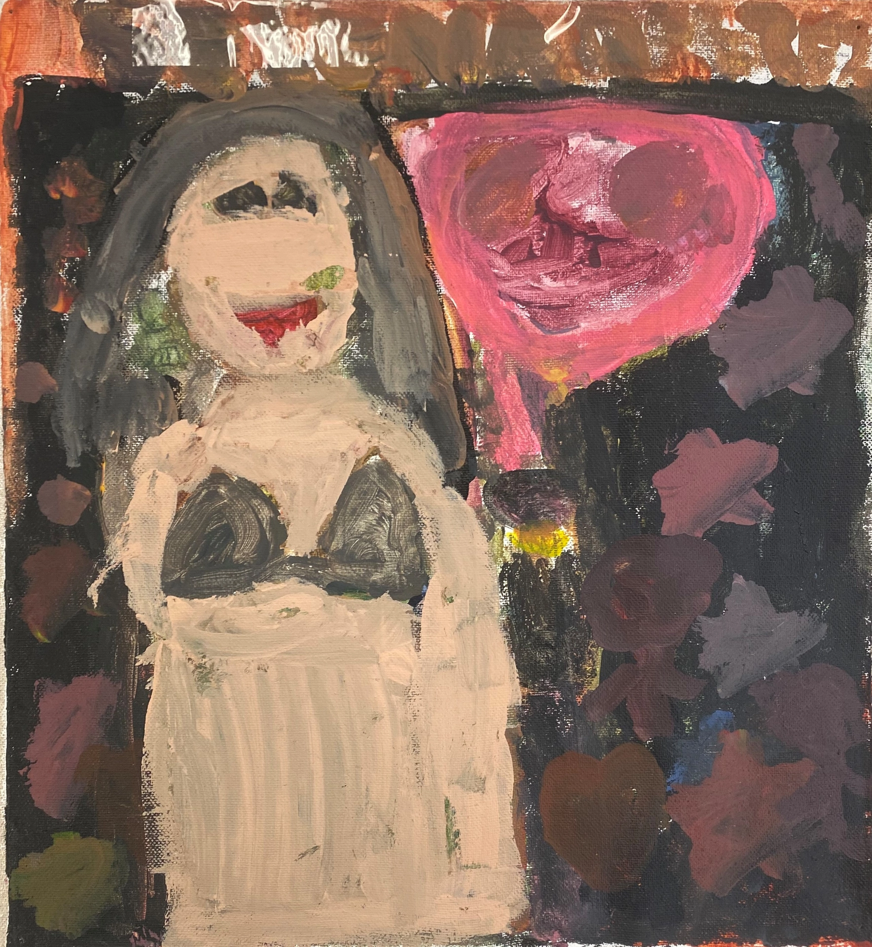 An abstract painting of Selena with long black hair in a bustier top. A heart-shaped form appears near her head, and the background features abstract concertgoers.