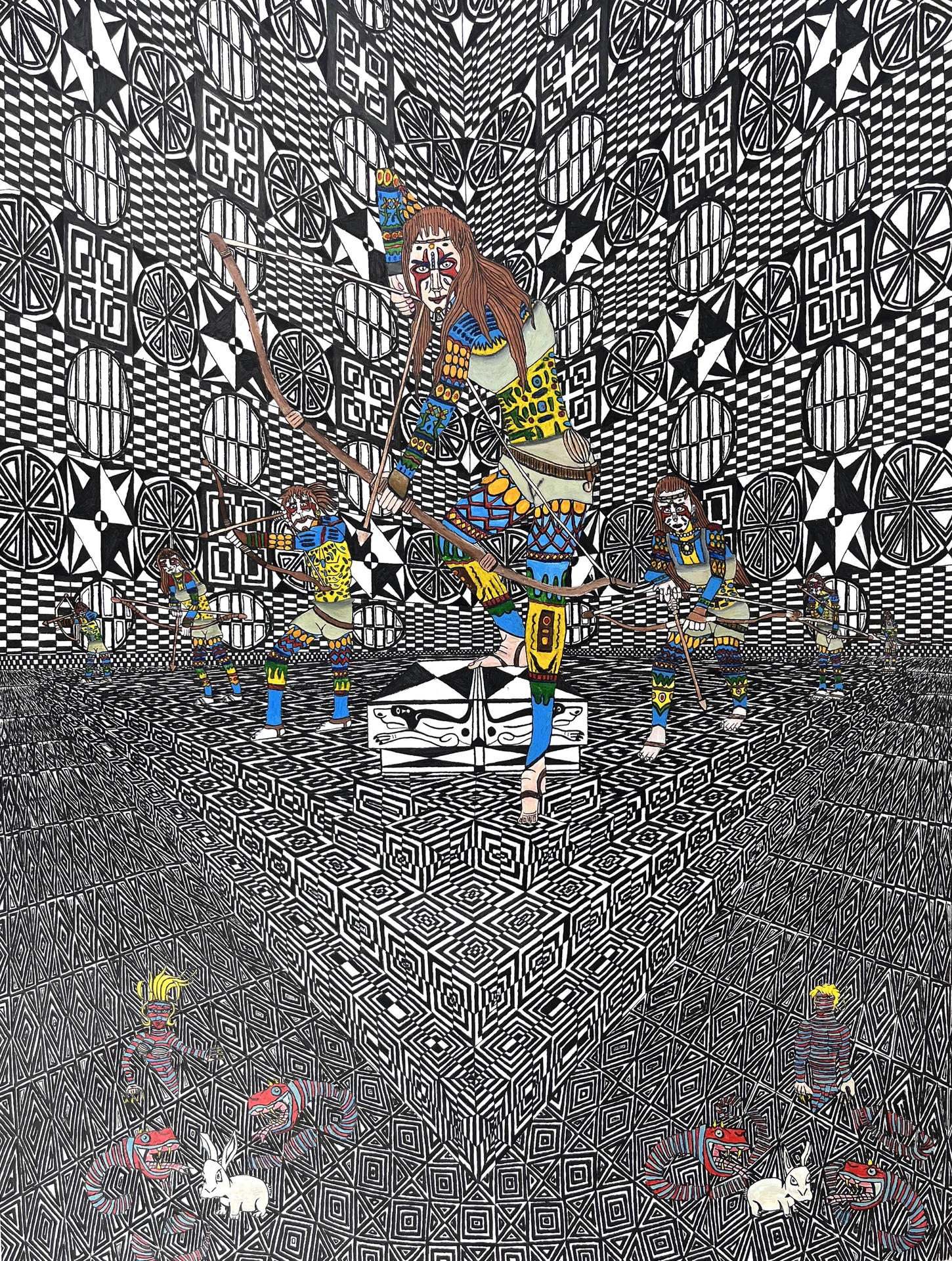 In a strange space of black and white tiled patterns in perspective, archer women, painted in colorful markings, ready their bows and arrows while other creatures emerge around them.
