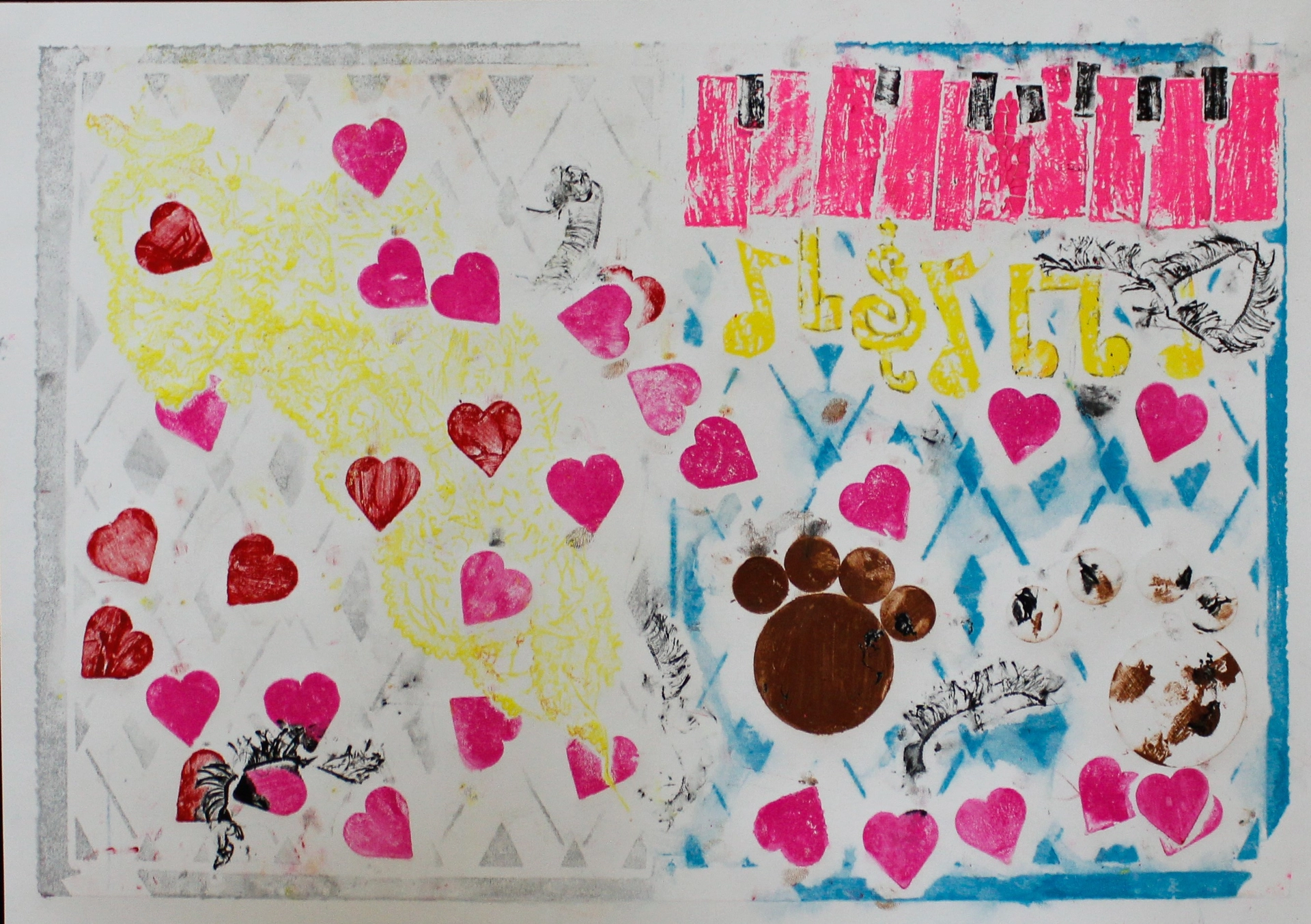 Two rectangular cross-hatch imprints are side by side: one gray and one blue. The gray imprint features a billowy yellow formation, while the blue imprint has pink and black piano keys on top and yellow musical notations below. Paw prints in brown and white, with brown, black, and white details, are located in the bottom right. Small red and pink hearts are scattered throughout, and there are occasional imprints of black fringe.