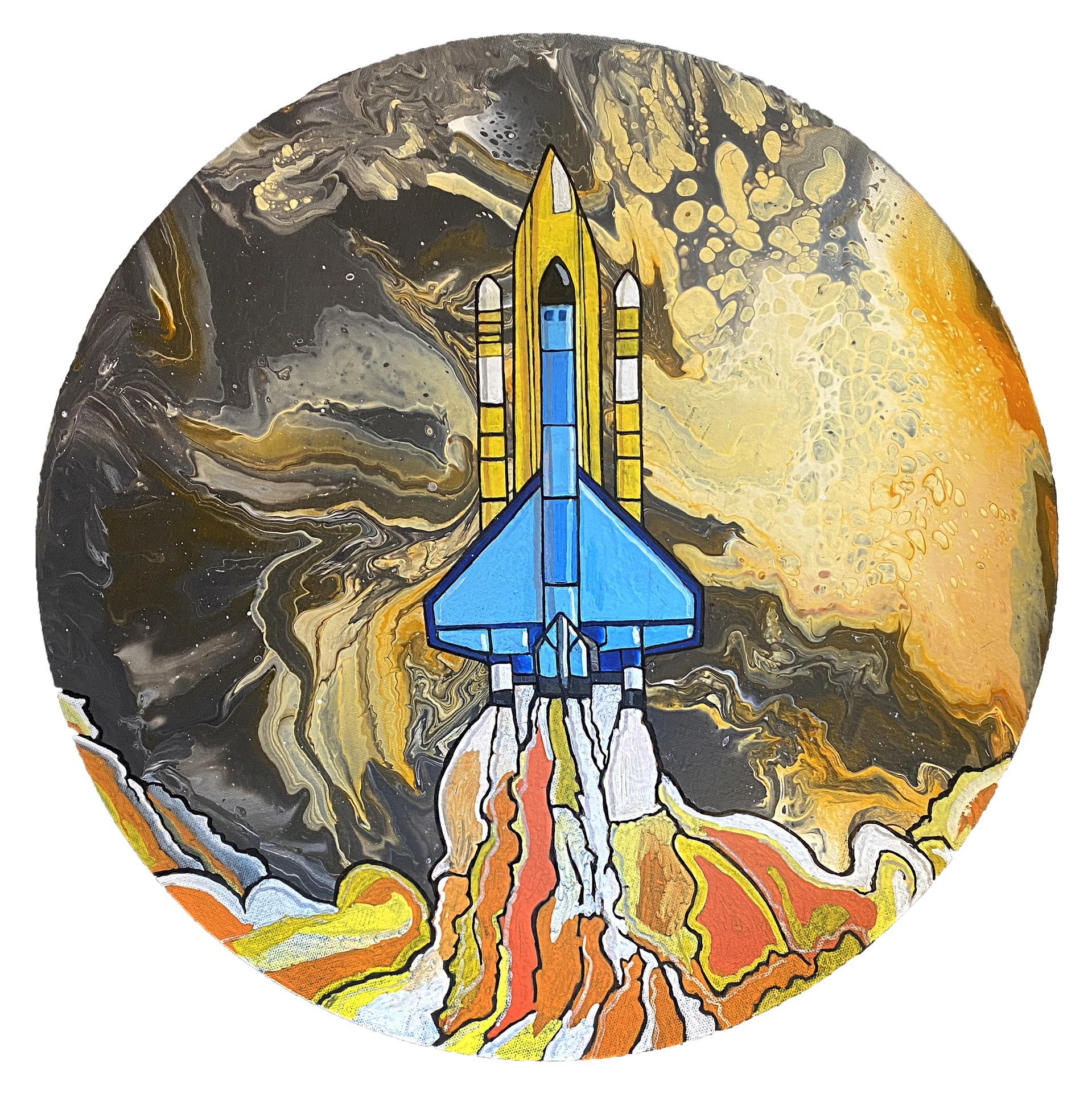 A blend of fluid art with intricate painting to depict a captivating cosmic scene. Featuring a rocket ship against a moon-like planetary surface, it explores space's vastness and evokes wonder and adventure through its dynamic composition.
