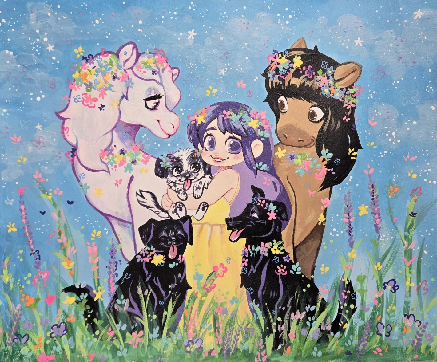 The artist embraces a black-and-white dog in a field of wildflowers. Surrounded by two black dogs, a white horse, and a buckskin horse, everyone is adorned with flowers, and the sky sparkles.