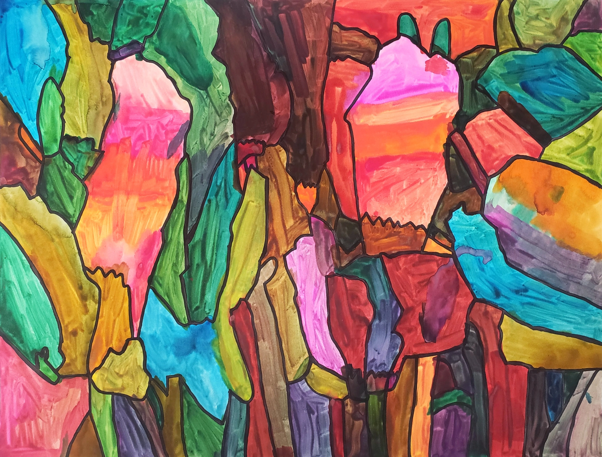 A field of flowers depicted in fluid watercolors with forms going abstract and fitting together are separated by black outlines.