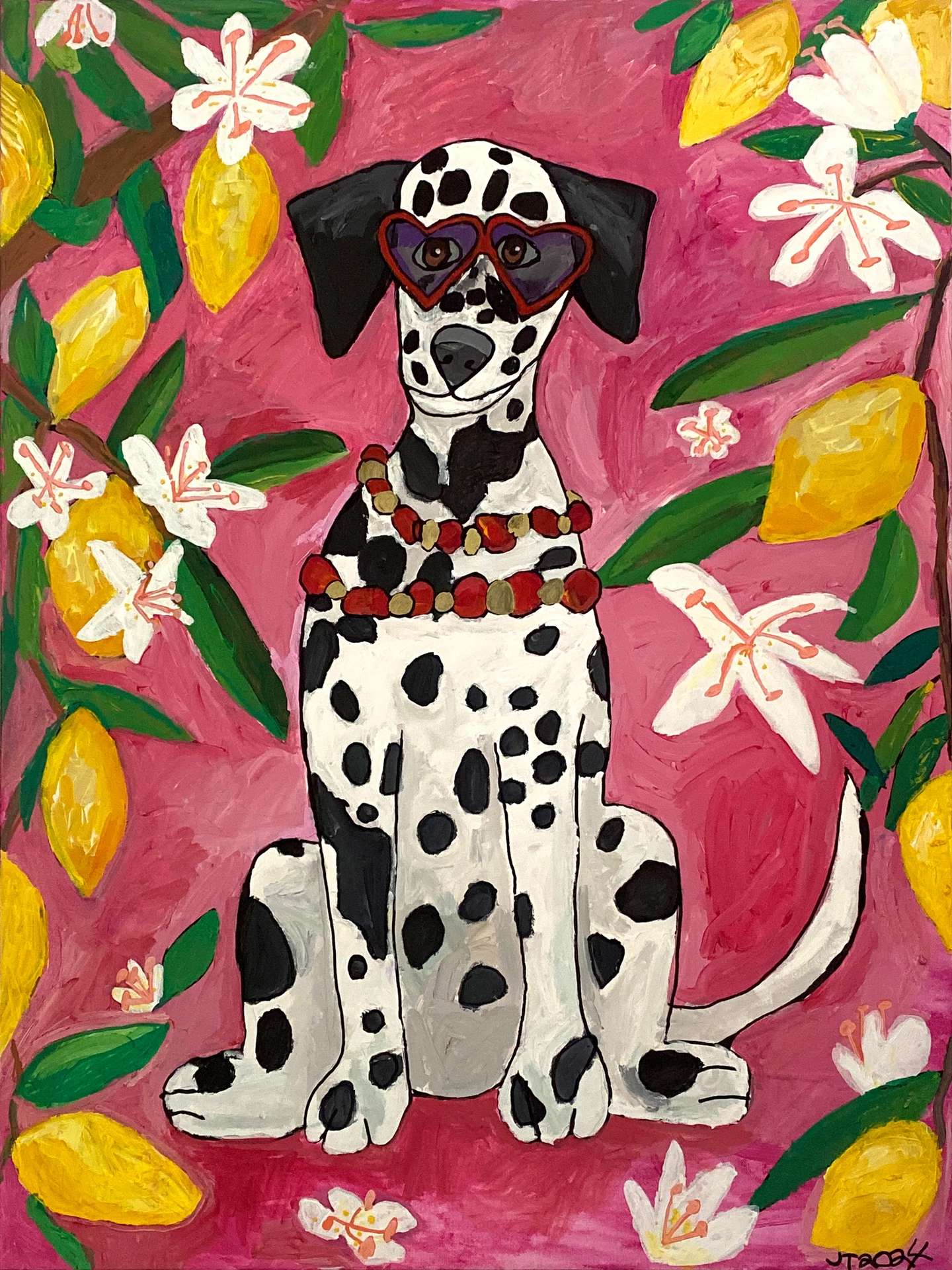 This heartwarming piece captures the artist's Dalmatian dog, playfully dressed in sunglasses and a necklace, relaxing in the garden. It reflects James’s deep bond with his pet, showcasing their fun and affectionate moments in a whimsical setting.