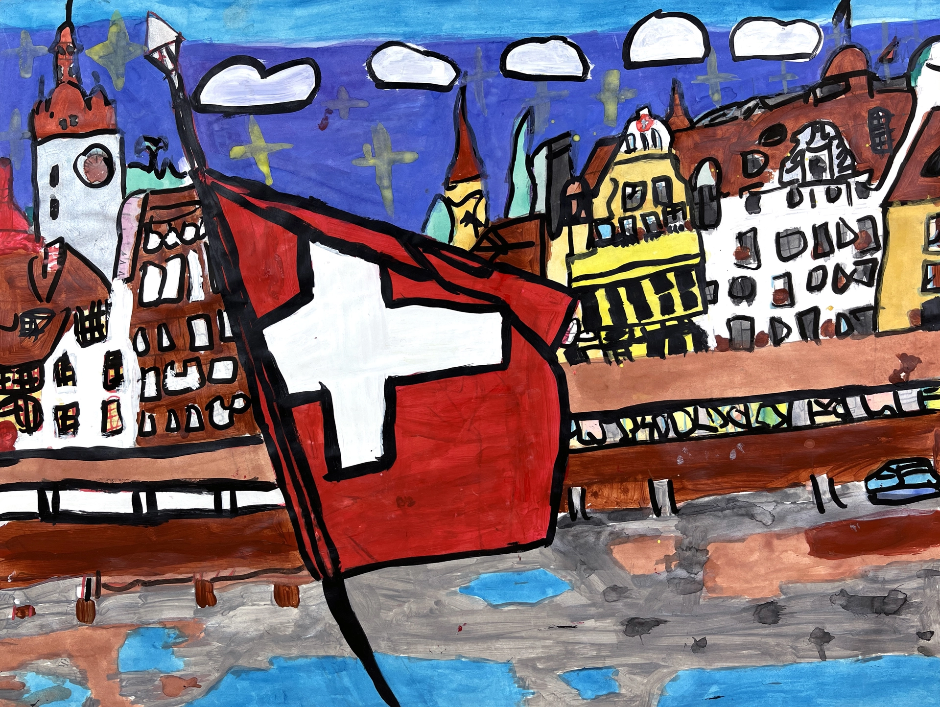 A Swiss flag flies in the foreground with a cityscape of old buildings behind. Clouds and stars hang in the two-toned blue sky above.