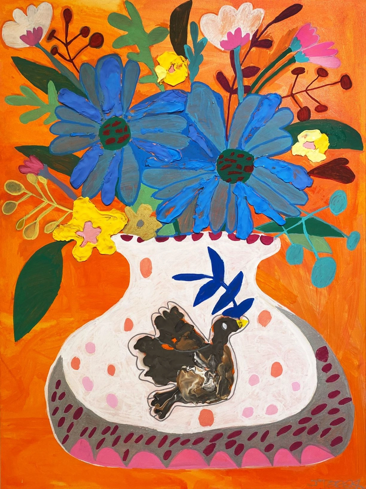 James’s painting features a vase of vibrant, blooming flowers that seem to dance with energy. The bird design on the vase adds to this dynamic effect, as if it’s ready to take flight. The artwork radiates warmth and celebrates the beauty and freedom of nature.