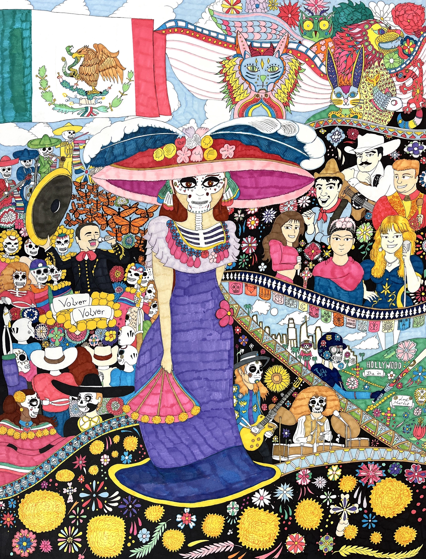 A woman in a purple dress, hat, and skeleton makeup stands as the centerpiece amid singers, musicians, skeletons, flowers, and more in this vibrant Dia de los Muertos scene.
