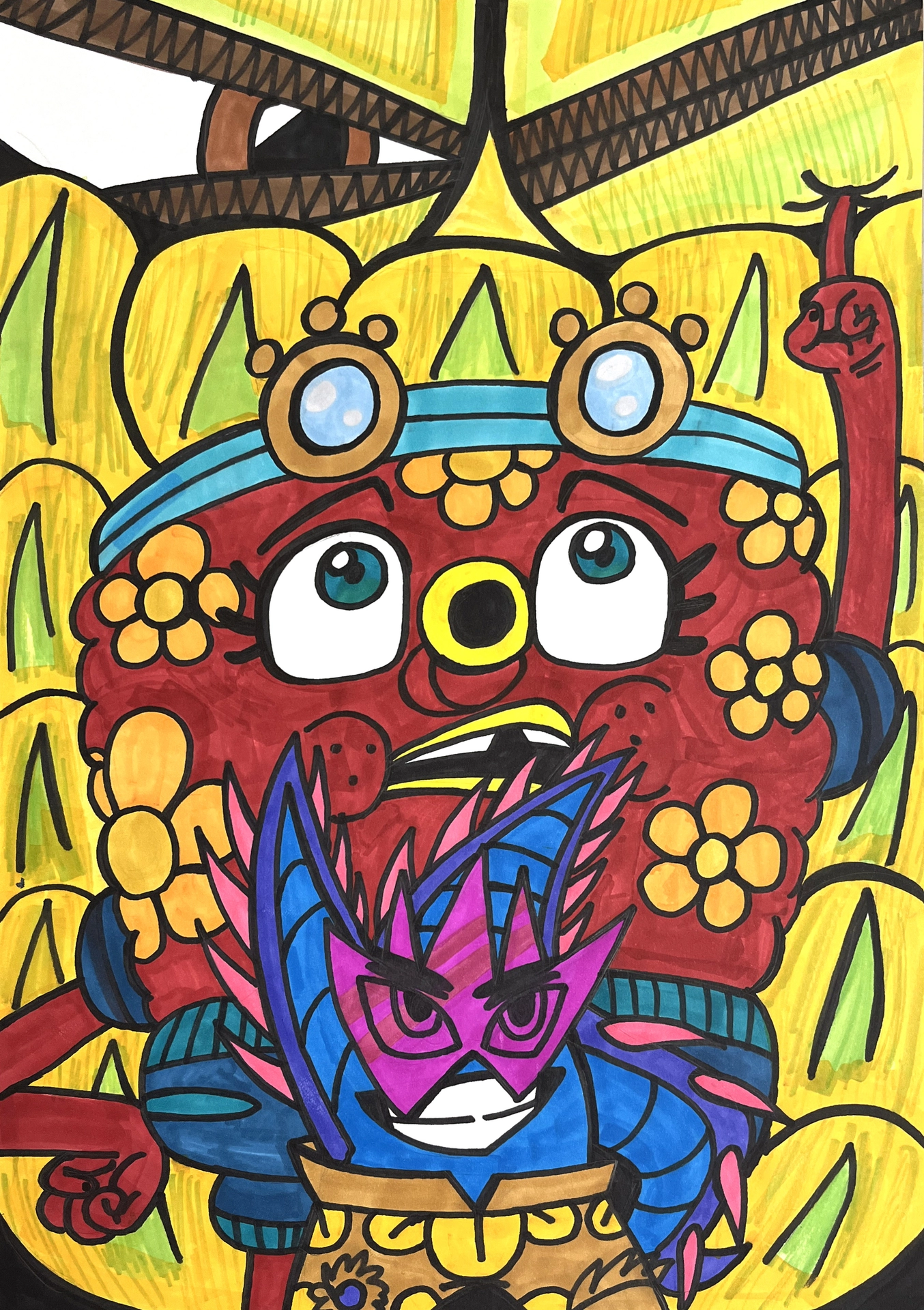 Cartoon characters fill the picture plane and express themselves in bold colors and attitudes.