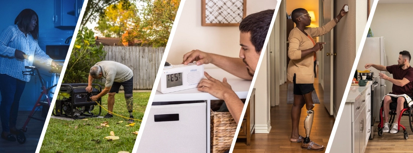 Collage of five diverse individuals with disabilities engaging in emergency preparedness tasks. From left to right: A woman using a flashlight to navigate in the dark, a man using a prosthetic leg while checking a portable generator outdoors, a man adjusting a radio, another man with a prosthetic leg testing a smoke alarm, and a man in a wheelchair storing emergency supplies in the kitchen.