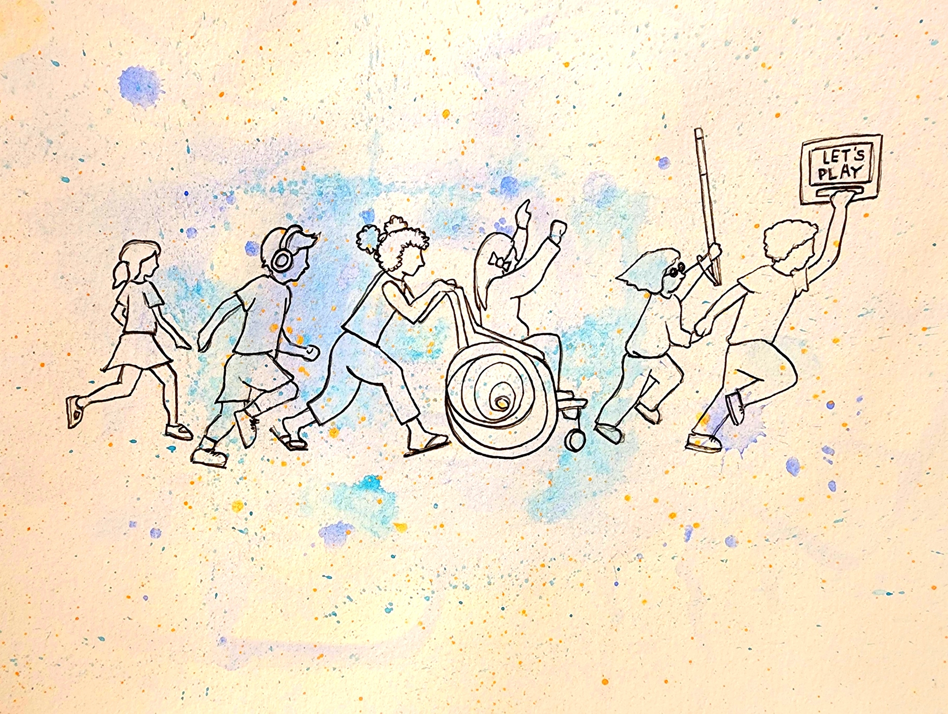 Watercolor background with a black line drawing of six children going to play.