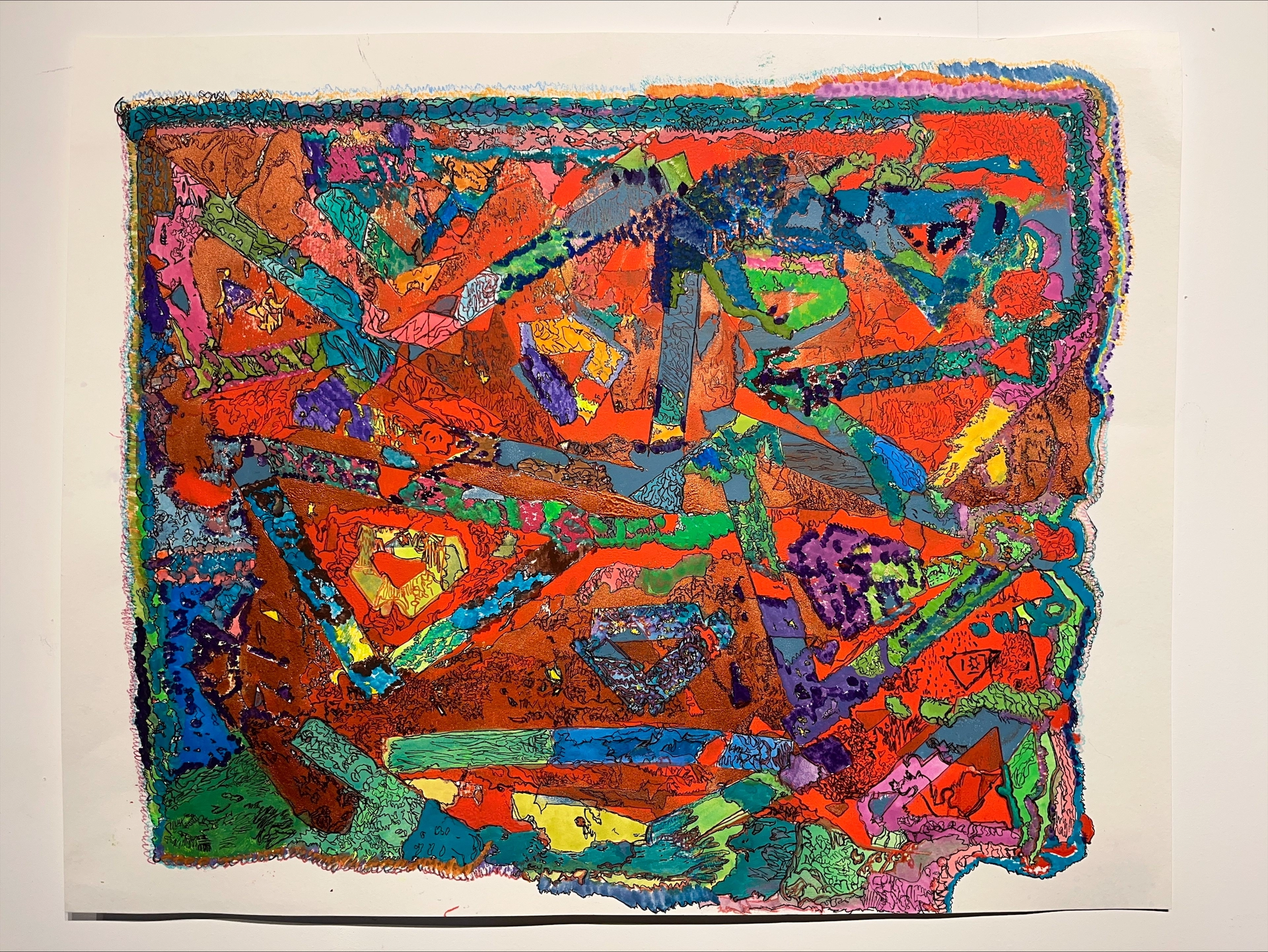 A vibrant abstract screen print detailed with watercolor, gel pen, and colored pencil on watercolor paper. The piece features overlapping geometric shapes and free-flowing patterns, dominated by warm tones like red, orange, and gold, interspersed with cooler hues such as blue, green, and purple. Black outlines and textured details add depth and contrast, creating a dynamic, layered effect. The irregular edges and intricate designs enhance the bold and expressive composition.