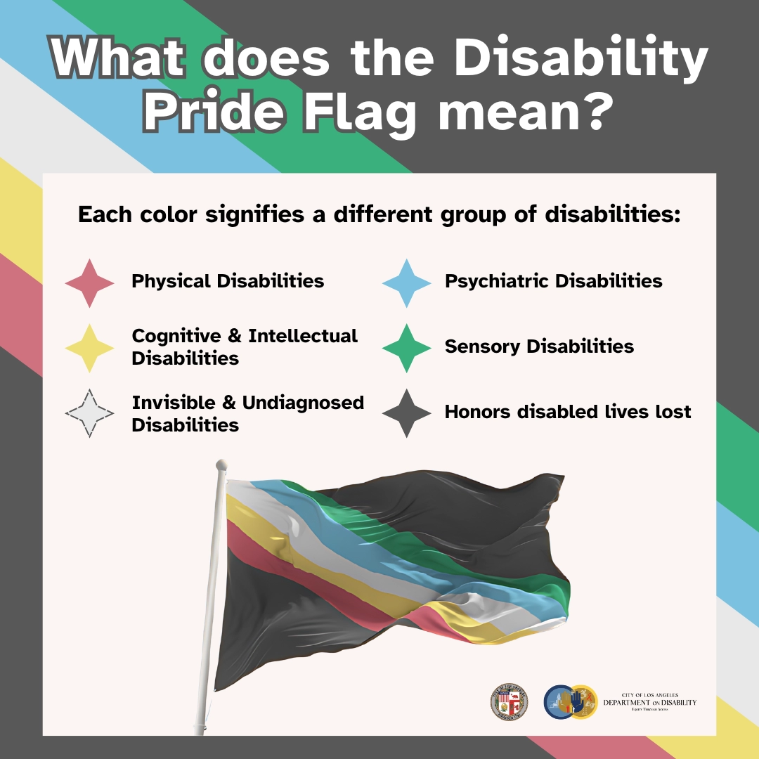 Graphic titled What does the Disability Pride Flag mean Each color is labeled red for physical disabilities yellow for cognitive and intellectual disabilities white for invisible and undiagnosed disabilities blue for psychiatric disabilities green for sensory disabilities and black to honor disabled lives lost An illustration of the flag appears below with City and Department logos