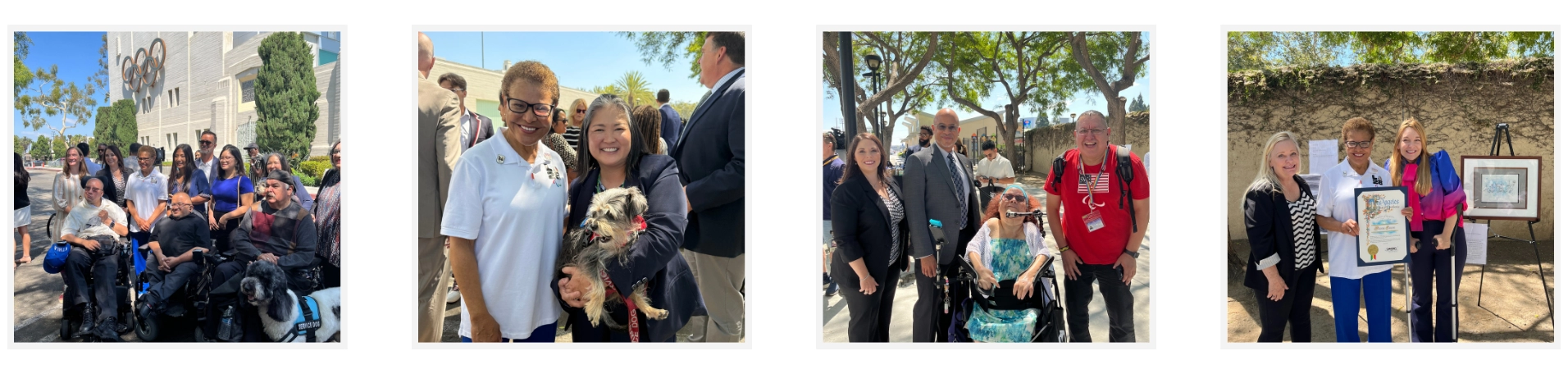 Collage of four photos from the July 25 2025 ADA 35th Anniversary event in Los Angeles showing disability advocates city leaders and community members including wheelchair users service dogs Mayor Karen Bass and award honoree Diana Simon