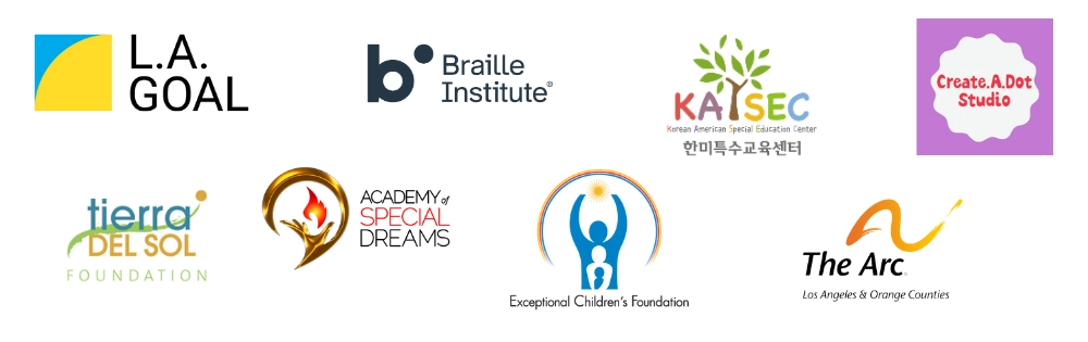 Logos of eight disability-focused art organizations. Top row: L.A. GOAL, Braille Institute, KASEC with a tree, and Create.A.Dot Studio with red text on a purple background. Bottom row: Tierra del Sol, Academy of Special Dreams with a flame, Exceptional Children’s Foundation with figures and a sun, and The Arc LAOC with an orange brushstroke.