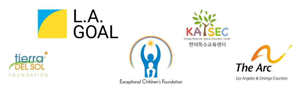 Logos of L.A. GOAL, Korean American Special Education Center (KAISEC), The Arc Los Angeles & Orange Counties, Tierra del Sol Foundation, and Exceptional Children's Foundation, displayed as community partners.