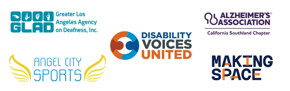 Logos of Greater Los Angeles Agency on Deafness, Inc. (GLAD), Alzheimer's Association California Southland Chapter, Disability Voices United, Angel City Sports, and Making Space, displayed as community partners.