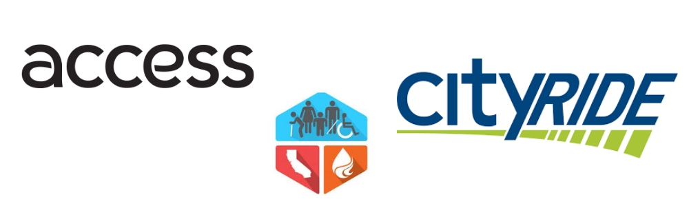 Logos of Access and CityRide, displayed as community partners, with an additional hexagonal logo featuring icons for family, disability, California, and fire/heat.
