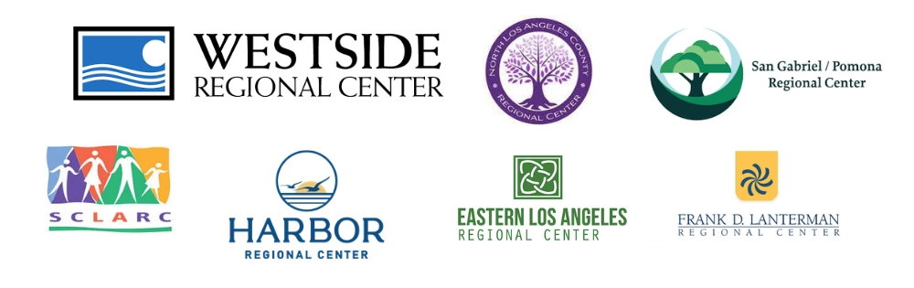 Logos of Westside Regional Center, North Los Angeles County Regional Center, San Gabriel / Pomona Regional Center, SCLARC, Harbor Regional Center, Eastern Los Angeles Regional Center, and Frank D. Lanterman Regional Center, displayed as community partners.