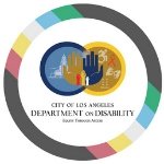 Circular logo with the City of Los Angeles Department on Disability Logo. Around the outside is a ring of colors representing the Disability Pride Flag.