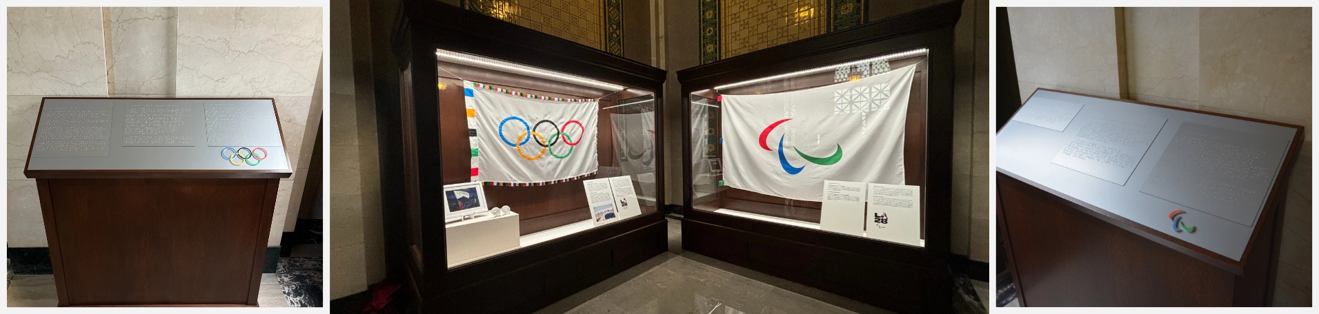 Collage of three photos showing the Olympic and Paralympic flag displays inside Los Angeles City Hall with Braille panels installed next to each exhibit to provide accessible descriptions for visitors