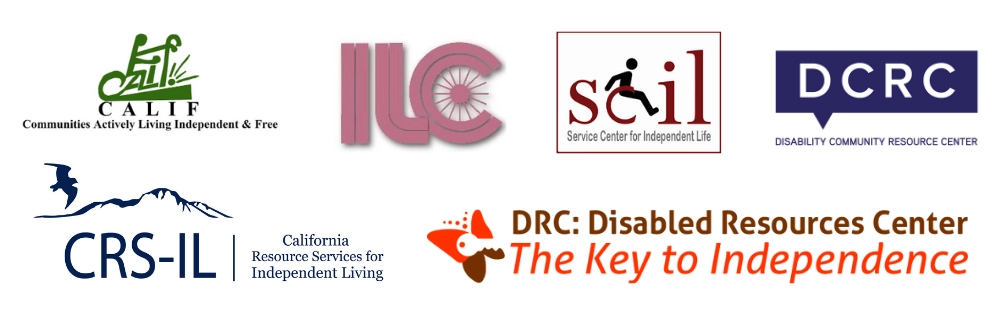 logos of six independent living centers in southern california arranged in two rows including calif communities actively living independent and free ilc independent living center of southern california soil service center for independent life drcrc disability community resource center crs il california resource services for independent living and drc disabled resources center the key to independence