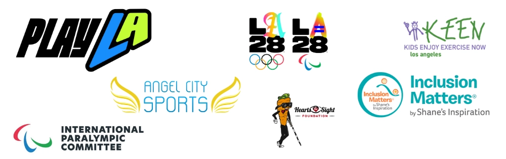logos of eight sports and recreation organizations arranged in a grid including play la la28 olympic and paralympic logos keen los angeles angel city sports heart and sight foundation inclusion matters by shanes inspiration and international paralympic committee