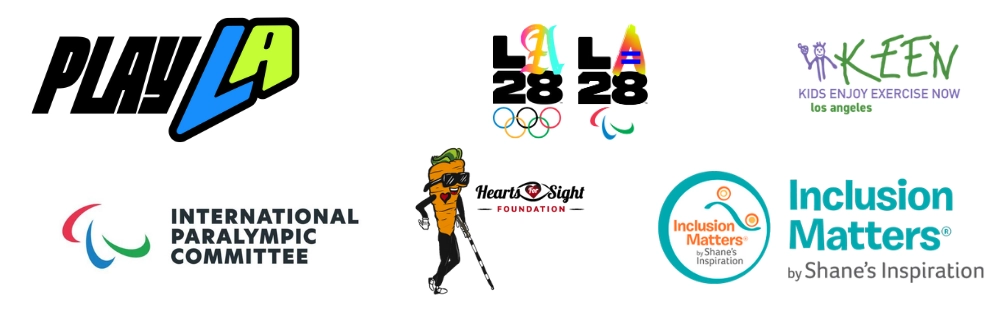 Logos of seven sports and adaptive recreation organizations. Top row: PlayLA with bold black and lime-blue text; LA28 logo with Olympic and Paralympic rings; KEEN Los Angeles with green handwritten-style text. Bottom row: International Paralympic Committee with red, blue, and green swooshes; Hearts for Sight featuring a carrot mascot with a white cane; and two versions of Inclusion Matters by Shane’s Inspiration—one with a circular orange-blue icon and one with plain teal text.