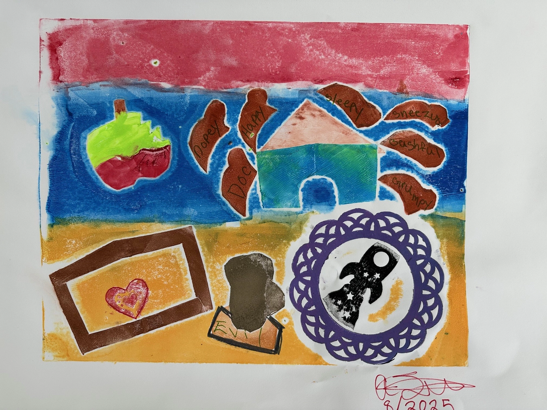 A background of three horizontal sections colored red, blue and orange has a house on the right side of the composition. There are brown speech bubbles—each stating the name of The Seven Dwarves coming out of the house. There is a red and green apple with a bite taken out of it to the left of the house. Beneath this scene is a mixture of shapes including a patterned circular mirror with a black rocket ship revealed on its surface and to the left of that the word evil.