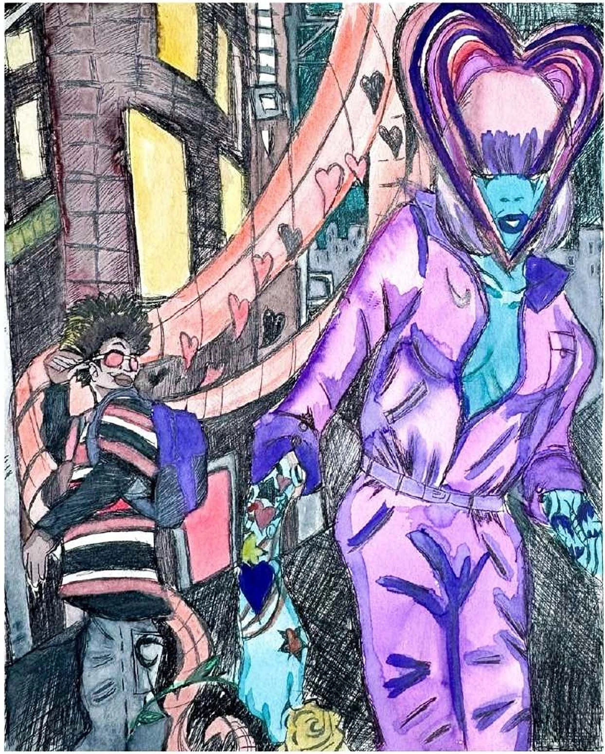 An etching and watercolor print shows a vibrant, blue-skinned character in a purple outfit against a moody night cityscape. The city's neon glow creates a cyberpunk world.